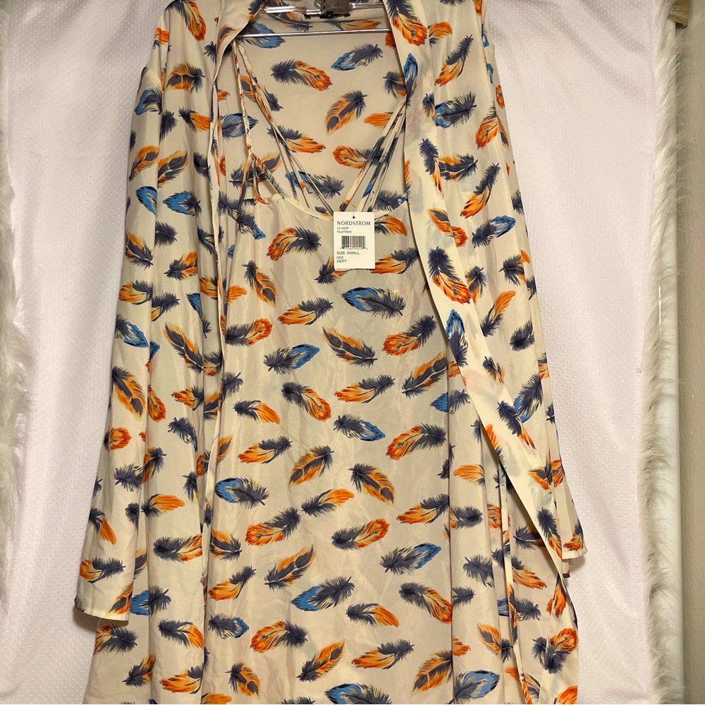 NWT LFV by La Fee Verte Feather Print Kimono Robe Set Size SMALL.